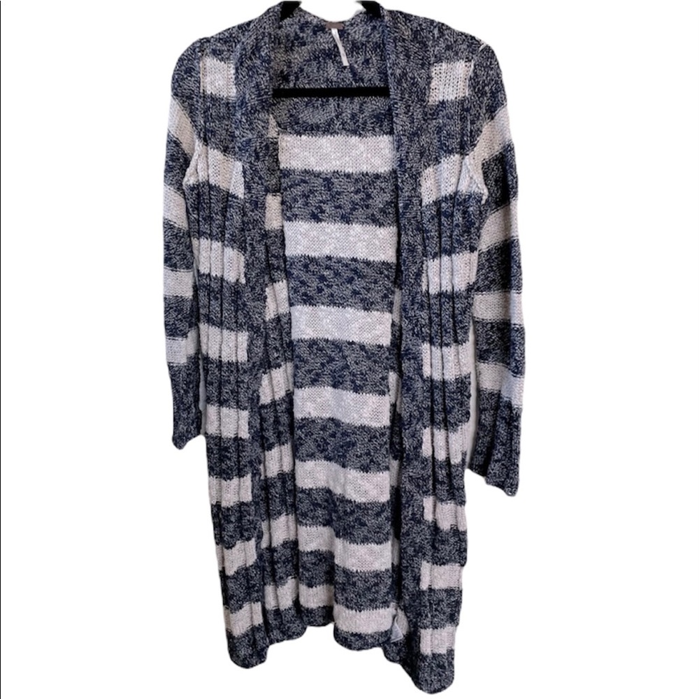 Free People Women’s Dark Navy & White Striped Knit Duster Sweater XS